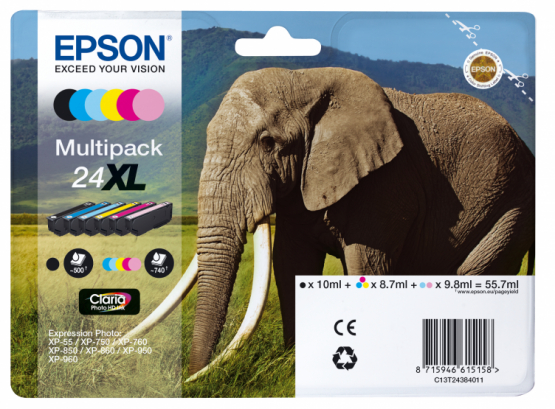 Epson 24XL (Elephant) Ink Cartridge Multi-Pack 6 Colour - 24 Claria Photo HD Ink (C13T24384011) 