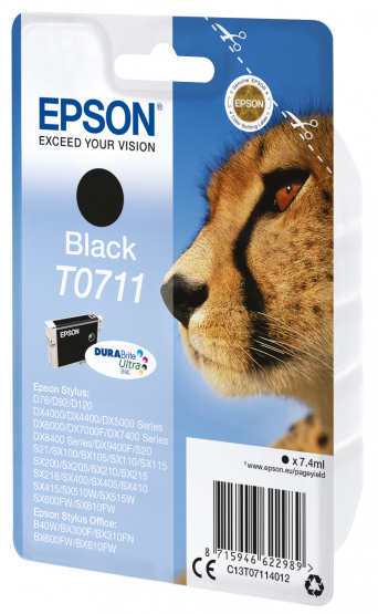 Epson T0711 (Cheetah) Black Ink Cartridge - DURABrite Ultra Ink (C13T07114012) 