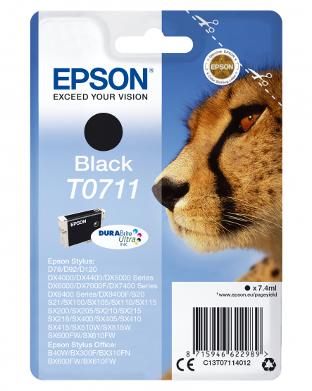 Epson T0711 (Cheetah) Black Ink Cartridge - DURABrite Ultra Ink (C13T07114012) 