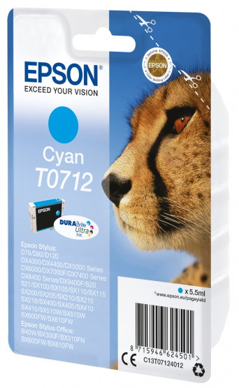 Epson T0712 (Cheetah) Cyan Ink Cartridge - DURABrite Ultra Ink(C13T07124012) 