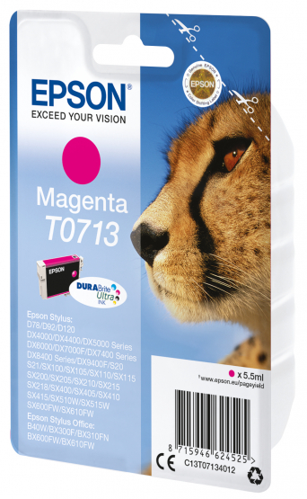 Epson T0713 (Cheetah) Magenta Ink Cartridge - DURABrite Ultra Ink (C13T07134012) 