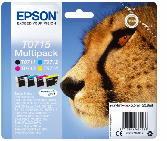 Epson T0714 (Cheetah) Ink Cartridge Multi-Pack - Black, Cyan, Magenta, Yellow - DURABrite Ultra Ink (C13T07154012) 