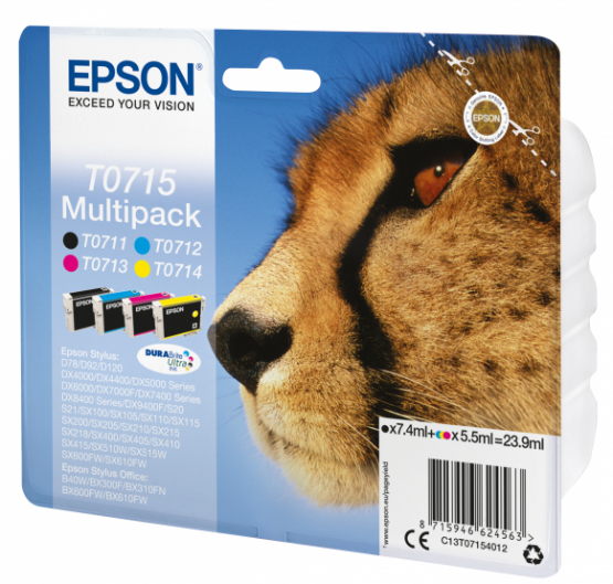 Epson T0714 (Cheetah) Ink Cartridge Multi-Pack - Black, Cyan, Magenta, Yellow - DURABrite Ultra Ink (C13T07154012) 