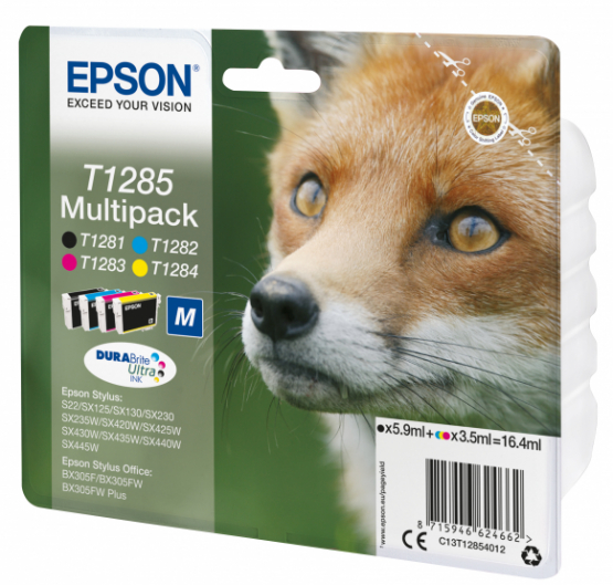 Epson T1285 (Fox) Ink Cartridge Multipack - Black, Cyan, Magenta, Yellow - DURABrite Ultra Ink (C13T12854012) 