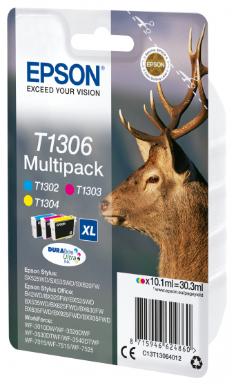 Epson T1306 (Stag) Ink Cartridge Multi-Pack - Cyan, Magenta, Yellow - T1306 DURABrite Ultra Ink (C13T13064012) 
