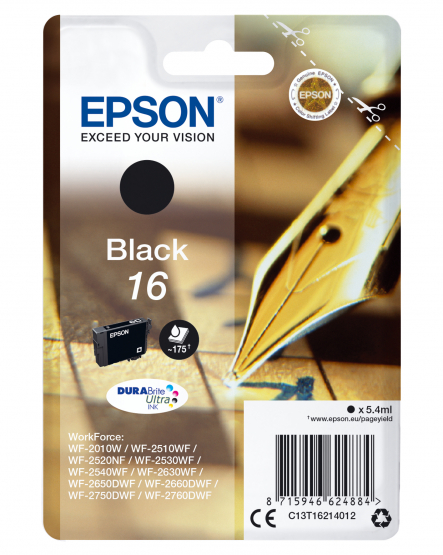Epson 16 (Pen & Crossword) Black Ink Cartridge - DURABrite Ultra Ink (C13T16214012) 