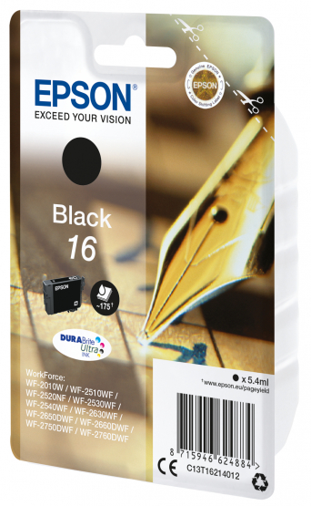 Epson 16 (Pen & Crossword) Black Ink Cartridge - DURABrite Ultra Ink (C13T16214012) 