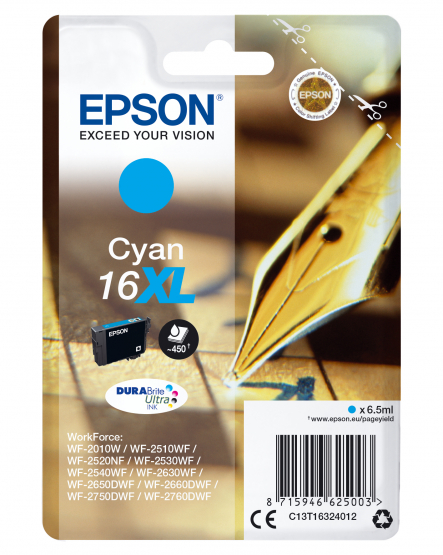 Epson 16XL (Pen & Crossword) Cyan Ink Cartridge - DURABrite Ultra Ink - High Capacity (C13T16324012) 