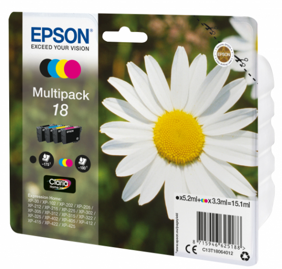 Epson 18 (Daisy) Ink Cartridge Multi-Pack - Black, Cyan, Magenta, Yellow - Claria Home Ink (C13T18064012) 
