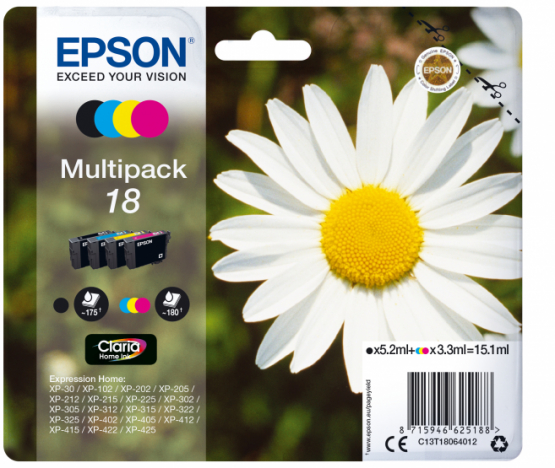 Epson 18 (Daisy) Ink Cartridge Multi-Pack - Black, Cyan, Magenta, Yellow - Claria Home Ink (C13T18064012) 