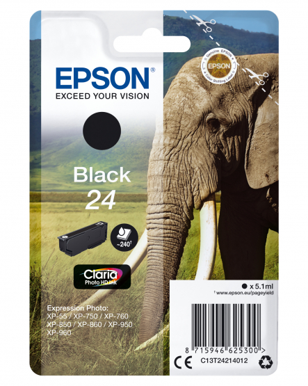 Epson 24 (Elephant) Black Ink Cartridge - Claria Photo HD Ink (C13T24214012) 