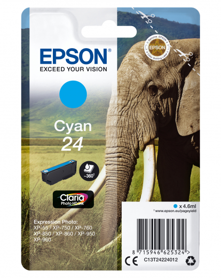 Epson 24 (Elephant) Cyan Ink Cartridge - Claria Photo HD Ink (C13T24224012) 