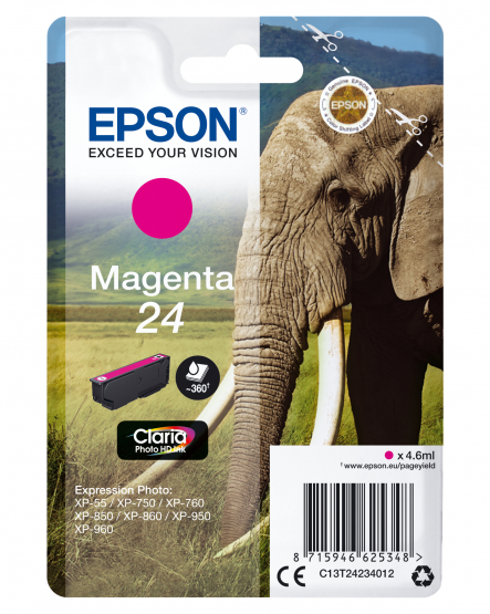 Epson 24 (Elephant) Magenta Ink Cartridge - Claria Photo HD Ink (C13T24234012) 