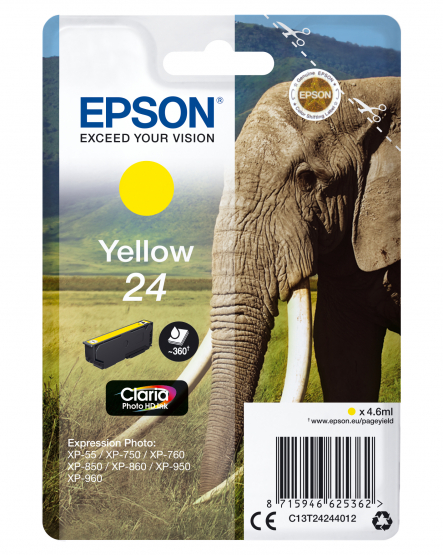 Epson 24 (Elephant) Yellow Ink Cartridge - Claria Photo HD Ink (C13T24244012) 