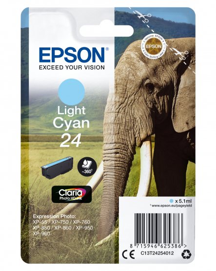 Epson 24 (Elephant) Light Cyan Ink Cartridge - Claria Photo HD Ink (C13T24254012) 