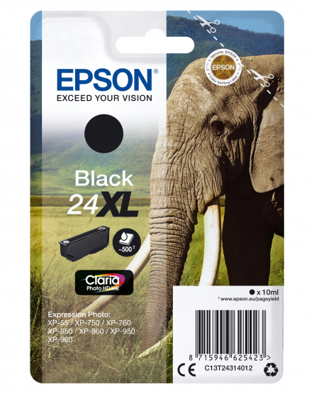 Epson 24XL (Elephant) Black Ink Cartridge - Claria Photo HD Ink (C13T24314012) 