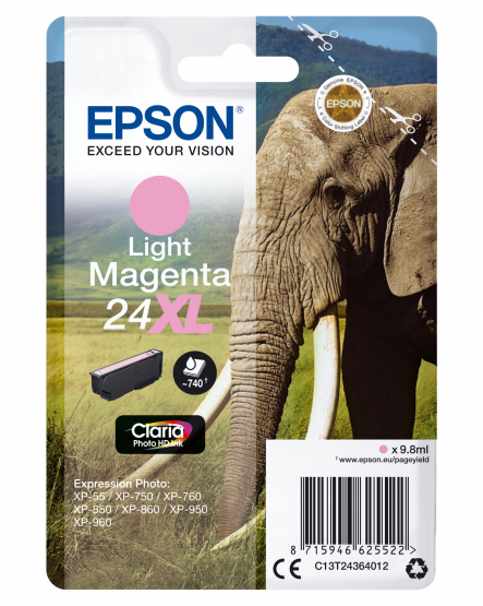 Epson 24XL (Elephant) Light Magenta Ink Cartridge - Claria Photo HD Ink (C13T24364012) 