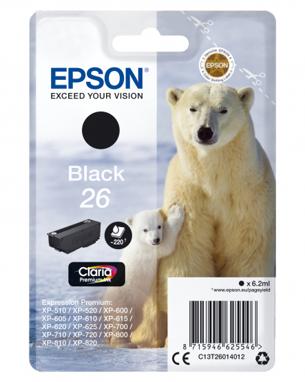 Epson 26 (Polar Bear) Black Ink Cartridge - Claria Premium Ink (C13T26014012) 