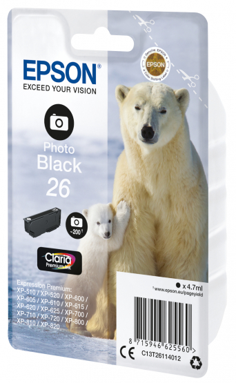 Epson 26 (Polar Bear) Photo Black Ink Cartridge - Claria Premium Ink (C13T26114012) 