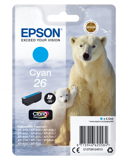 Epson 26 (Polar Bear) Cyan Ink Cartridge - Claria Premium Ink (C13T26124012) 