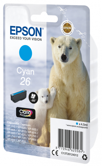Epson 26 (Polar Bear) Cyan Ink Cartridge - Claria Premium Ink (C13T26124012) 