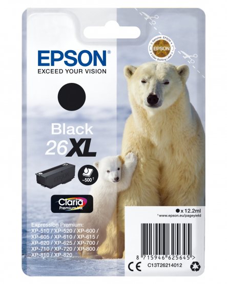 Epson 26XL (Polar Bear) Black Ink Cartridge - Claria Premium Ink - High Capacity (C13T26214012) 