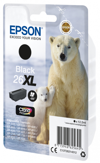 Epson 26XL (Polar Bear) Black Ink Cartridge - Claria Premium Ink - High Capacity (C13T26214012) 