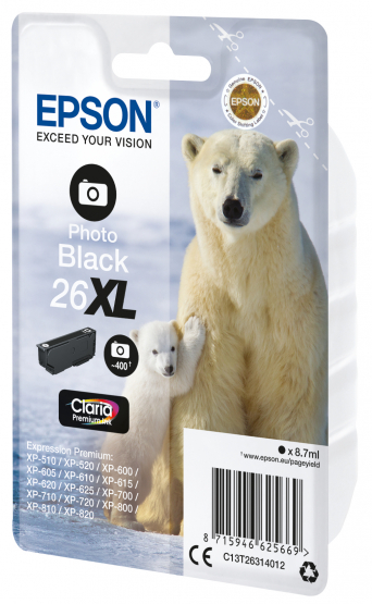 Epson 26XL (Polar Bear) Photo Black Ink Cartridge - Claria Premium Ink - High Capacity (C13T26314012) 