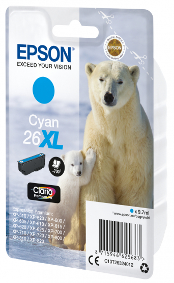 Epson 26XL (Polar Bear) Cyan Ink Cartridge - Claria Premium Ink - High Capacity (C13T26324012) 