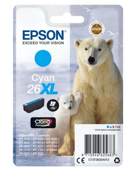 Epson 26XL (Polar Bear) Cyan Ink Cartridge - Claria Premium Ink - High Capacity (C13T26324012) 