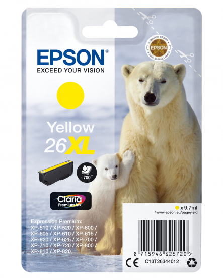 Epson 26XL (Polar Bear) Yellow Ink Cartridge - Claria Premium Ink - High Capacity (C13T26344012) 
