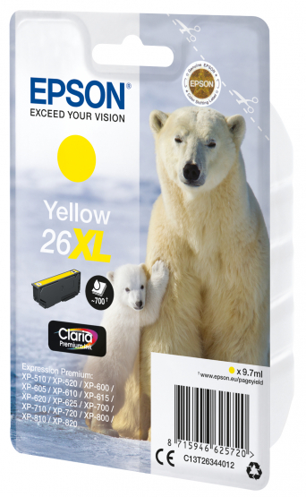Epson 26XL (Polar Bear) Yellow Ink Cartridge - Claria Premium Ink - High Capacity (C13T26344012) 