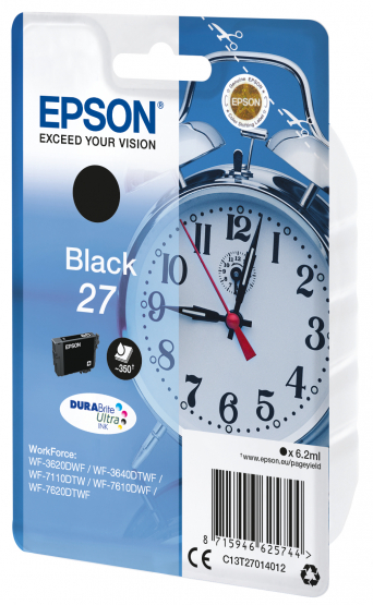 Epson 27 (Alarm Clock) Black Ink Cartridge 27 DURABrite Ultra Ink (C13T27014012) 