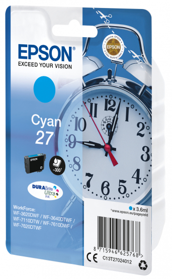 Epson 27 (Alarm Clock) Cyan Ink Cartridge - DURABrite Ultra Ink (C13T27024012) 