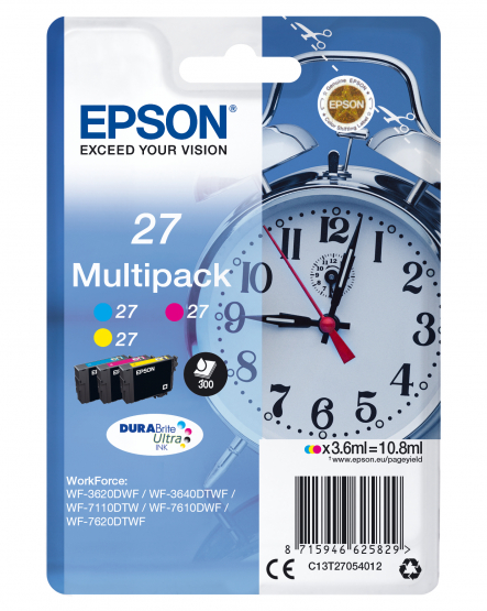 Epson 27 (Alarm clock) Ink Cartridge Multi-Pack - Cyan, Magenta, Yellow - DURABrite Ultra Ink (C13T27054012) 