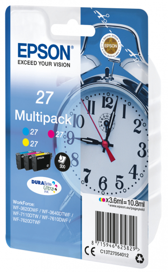 Epson 27 (Alarm clock) Ink Cartridge Multi-Pack - Cyan, Magenta, Yellow - DURABrite Ultra Ink (C13T27054012) 