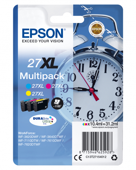 Epson 27XL (Alarm Clock) Ink Cartridge Multi-Pack - Cyan, Magenta, Yellow - DURABrite Ultra Ink (C13T27154012) 