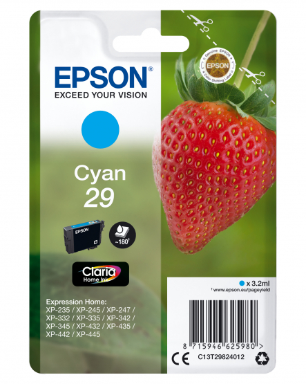 Epson 29 (Strawberry) Cyan Ink Cartridge - Claria Home Ink (C13T29824012) 