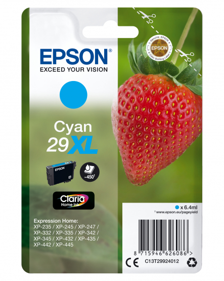Epson 29XL (Strawberry) Cyan Ink Cartridge - Claria Home Ink - High Capacity (C13T29924012) 