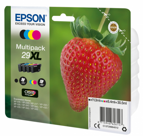 Epson 29XL (Strawberry) Ink Cartridge Multipack 4-colours - Claria Home Ink - High Capacity (C13T29964012) 