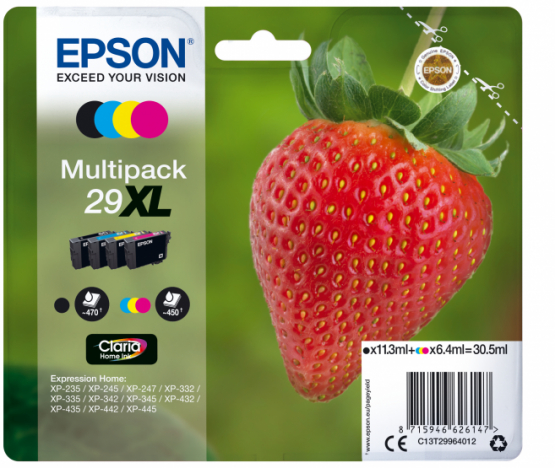 Epson 29XL (Strawberry) Ink Cartridge Multipack 4-colours - Claria Home Ink - High Capacity (C13T29964012) 