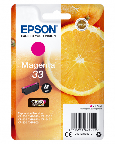Epson 33 (Oranges) Magenta Ink Cartridge - Claria Premium Ink (C13T33434012) 