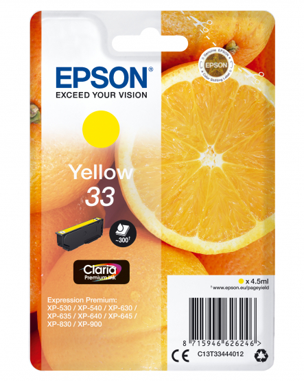 Epson 33 (Oranges) Yellow Ink Cartridge - Claria Premium Ink (C13T33444012) 