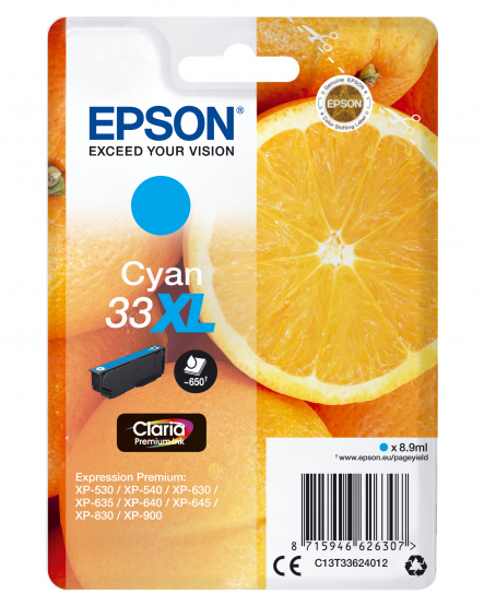 Epson 33XL (Oranges) Cyan Ink Cartridge - Claria Premium Ink - High Capacity (C13T33624012) 