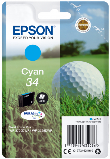 Epson 34 (Golf Ball) Cyan Ink Cartridge - DURABrite Ultra Ink (C13T34624010) 