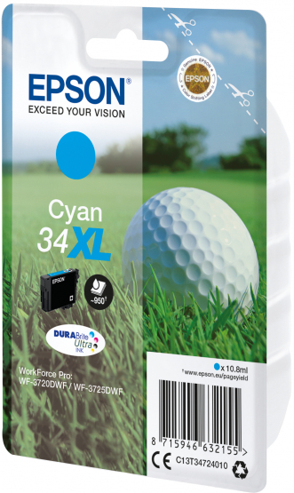 Epson 34XL (Golf Ball) Cyan Ink Cartridge - DURABrite Ultra Ink - High Capacity (C13T34724010) 