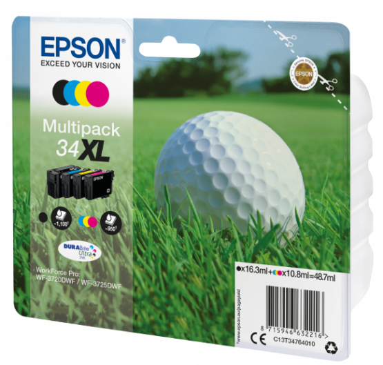 Epson 34XL (Golf Ball) Ink Cartridge Multi-Pack 4 Colour - DURABrite Ultra Ink - High Capacity (C13T34764010) 