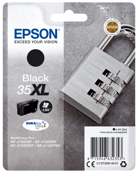 Epson 35XL (Padlock) Black Ink Cartridge - DURABrite Ultra Ink - High Capacity (C13T35914010) 