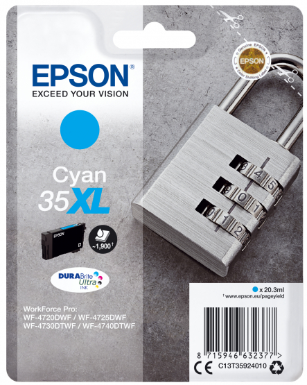 Epson 35XL (Padlock) Cyan Ink Cartridge - DURABrite Ultra Ink - High Capacity (C13T35924010) 