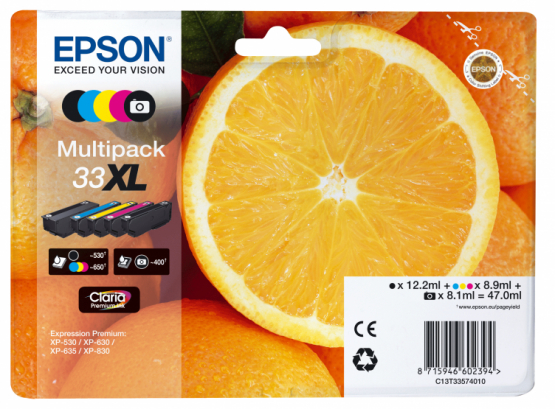 Epson 33XL (Oranges) Ink Cartridge Multi-Pack 5-colours - Claria Premium Ink - High Capacity (C13T33574011) 